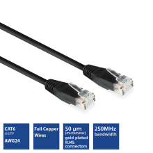 ACT Black 10.0 meter U/UTP, CAT6 patch cable with RJ45 connectors, Zip Bag